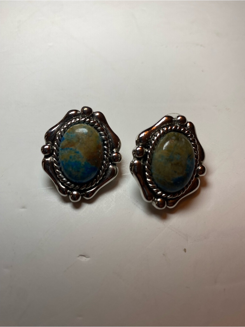 Silver-Tone Oval Blue & Green Stone Stud Earrings in a Southwestern Native Style
